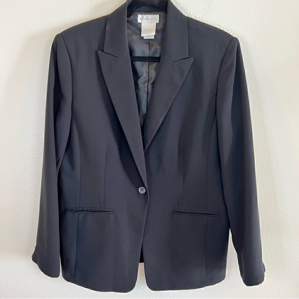 Worthington Blazer Women Size 14 Black Back Vent Lined One Button Closure